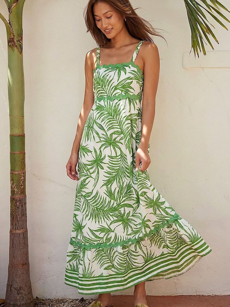 Roman Green Leaf Print Ric Rac Dress - Image 1 of 4 Roman Green Leaf Print Ric Rac Dress - Image 1 of 4