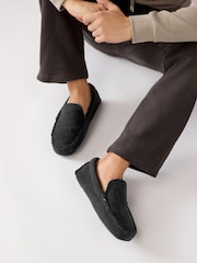 Black Textured Moccasin Slippers - Image 1 of 6