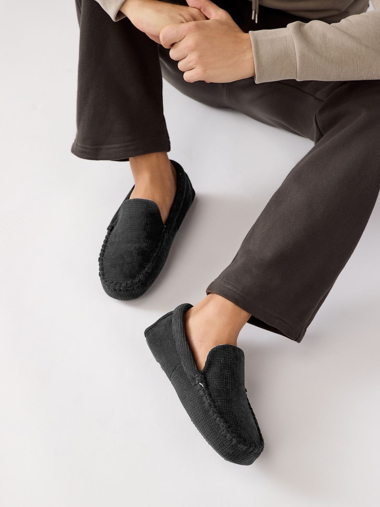 Black Textured Moccasin Slippers - Image 1 of 6