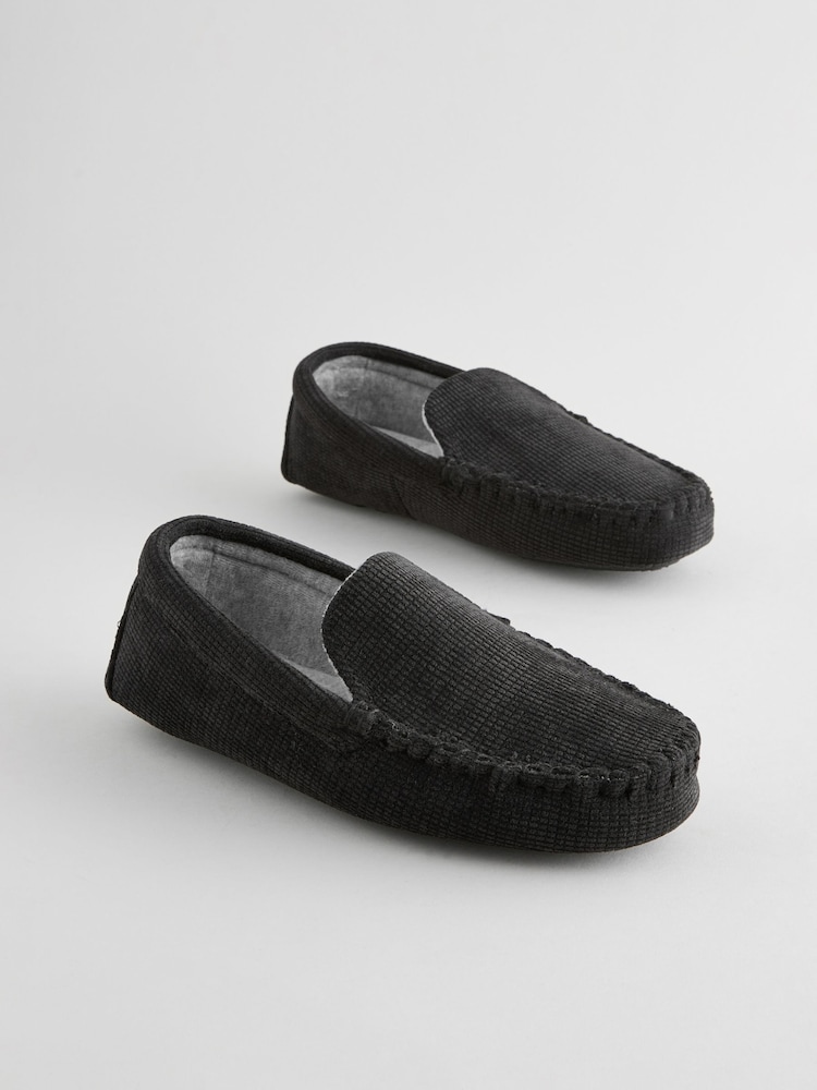 Black Textured Moccasin Slippers - Image 2 of 6