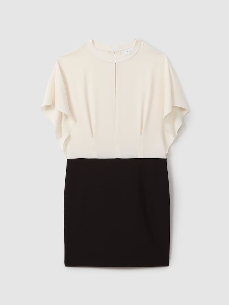 Reiss Ivory/Black Marlowe Draped Sleeve Colourblock Mini Dress - Image 2 of 5