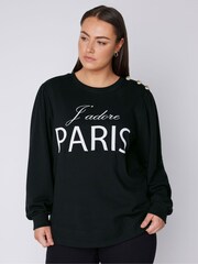 Evans Embroidered Paris Black Sweatshirt With Button Detail - Image 1 of 4