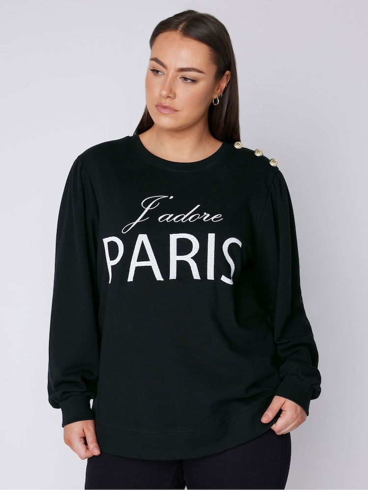 Evans Embroidered Paris Black Sweatshirt With Button Detail - Image 1 of 4