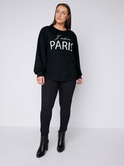 Evans Embroidered Paris Black Sweatshirt With Button Detail - Image 2 of 4