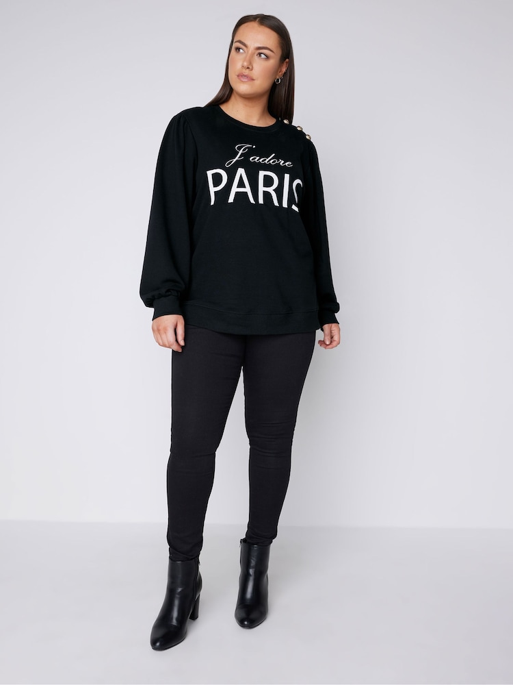 Evans Embroidered Paris Black Sweatshirt With Button Detail - Image 2 of 4