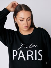 Evans Embroidered Paris Black Sweatshirt With Button Detail - Image 4 of 4