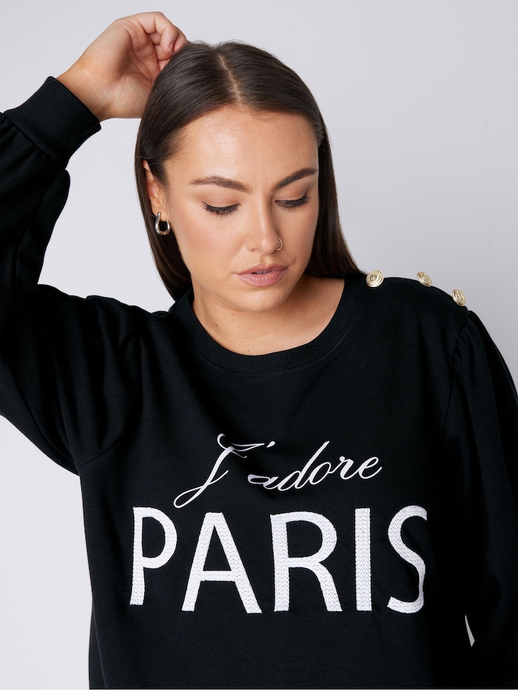 Evans Embroidered Paris Black Sweatshirt With Button Detail - Image 4 of 4
