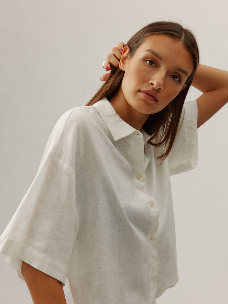 Weiß - VERO MODA Kurzärmeliges, lässiges Hemd aus Leinenmix - Bild 2 von 6