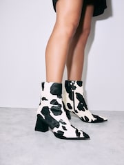 Animal Cow Print Leather Forever Comfort® Block Heeled Ankle Boots - Image 1 of 9
