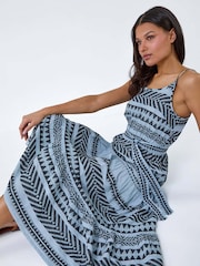Roman Blue Print  Tiered Midi Dress - Image 1 of 5