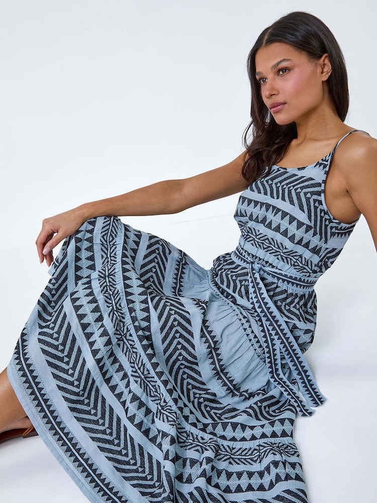 Roman Blue Print  Tiered Midi Dress - Image 1 of 5