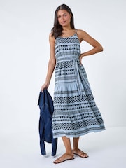 Roman Blue Print  Tiered Midi Dress - Image 2 of 5