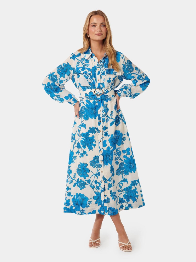 Forever New Blue Janie Printed Shirt Midi Dress - Image 1 of 4