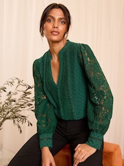 Love & Roses Dark Green Lace Mix Button Through Long Sleeve Blouse - Image 1 of 4
