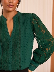 Love & Roses Dark Green Lace Mix Button Through Long Sleeve Blouse - Image 2 of 4