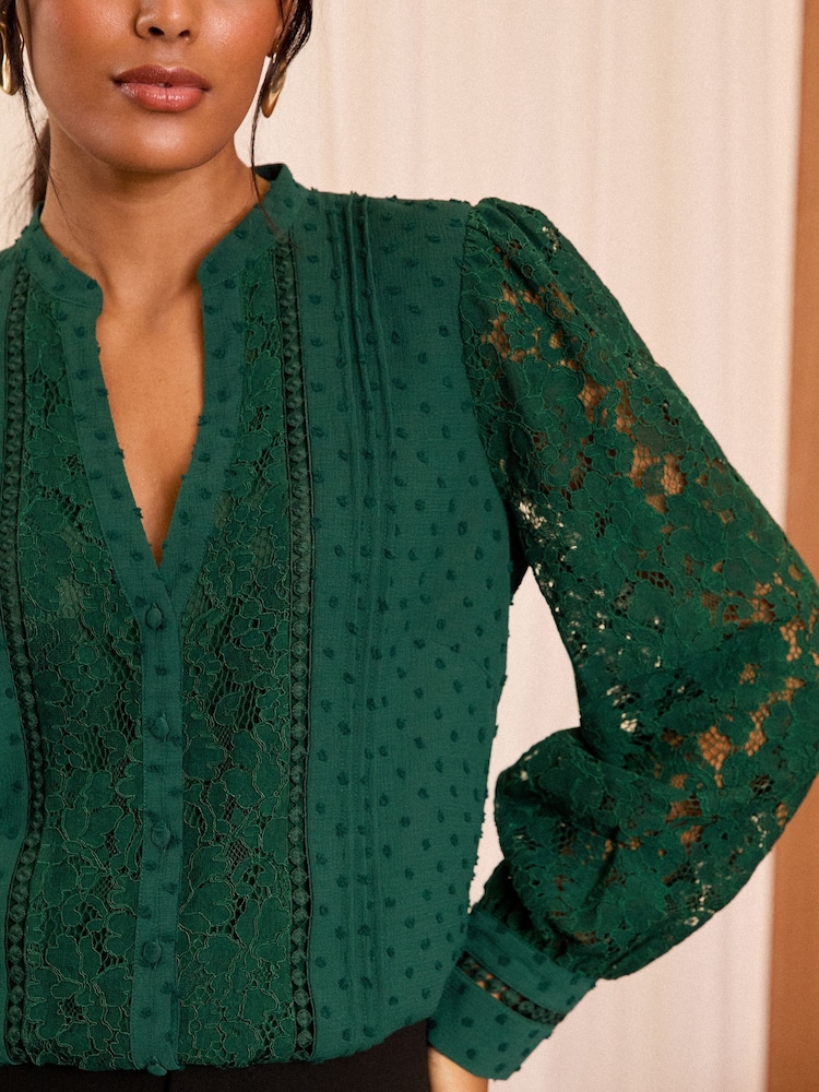 Love & Roses Dark Green Lace Mix Button Through Long Sleeve Blouse - Image 2 of 4