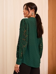 Love & Roses Dark Green Lace Mix Button Through Long Sleeve Blouse - Image 4 of 4