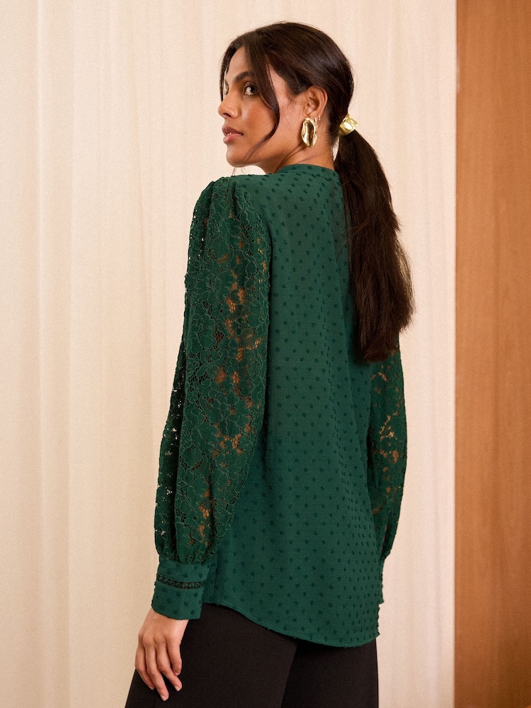 Love & Roses Dark Green Lace Mix Button Through Long Sleeve Blouse - Image 4 of 4 Love & Roses Dark Green Lace Mix Button Through Long Sleeve Blouse - Image 4 of 4