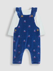 JoJo Maman Bébé Navy Blue Cherry Embroidered Velour Dungarees and Top Set - Image 1 of 6