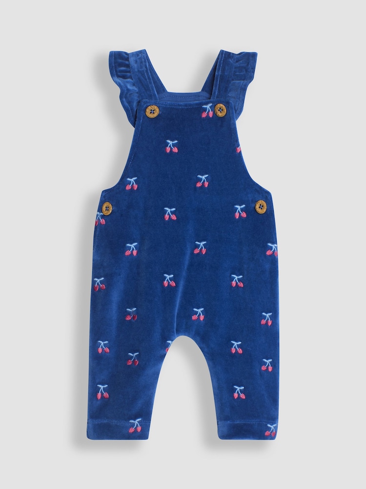 JoJo Maman Bébé Navy Blue Cherry Embroidered Velour Dungarees and Top Set - Image 2 of 6