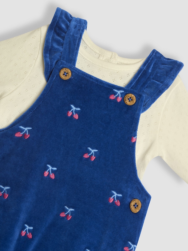 JoJo Maman Bébé Navy Blue Cherry Embroidered Velour Dungarees and Top Set - Image 6 of 6