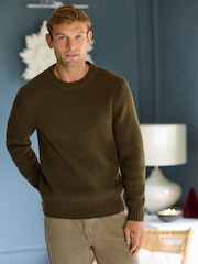Khaki Green Crew Neck Regular Fit Rib Texture Jumper with Wool - Image 1 of 7