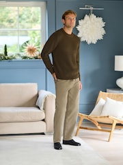 Khaki Green Crew Neck Regular Fit Rib Texture Jumper with Wool - Image 2 of 7