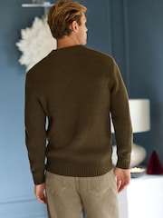 Khaki Green Crew Neck Regular Fit Rib Texture Jumper with Wool - Image 3 of 7