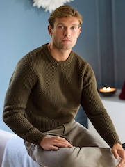 Khaki Green Crew Neck Regular Fit Rib Texture Jumper with Wool - Image 4 of 7