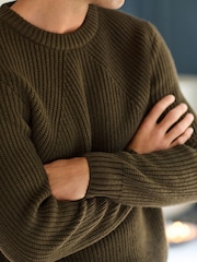 Khaki Green Crew Neck Regular Fit Rib Texture Jumper with Wool - Image 5 of 7
