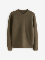 Khaki Green Crew Neck Regular Fit Rib Texture Jumper with Wool - Image 6 of 7