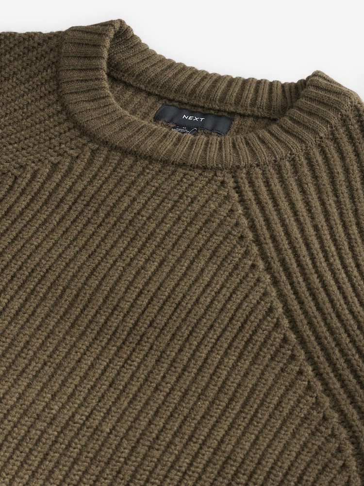 Khaki Green Crew Neck Regular Fit Rib Texture Jumper with Wool - Image 7 of 7