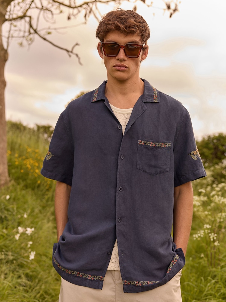 Navy Blue Short Sleeve Floral Embroidered Cotton/Linen Mix Shirt - Image 1 of 7