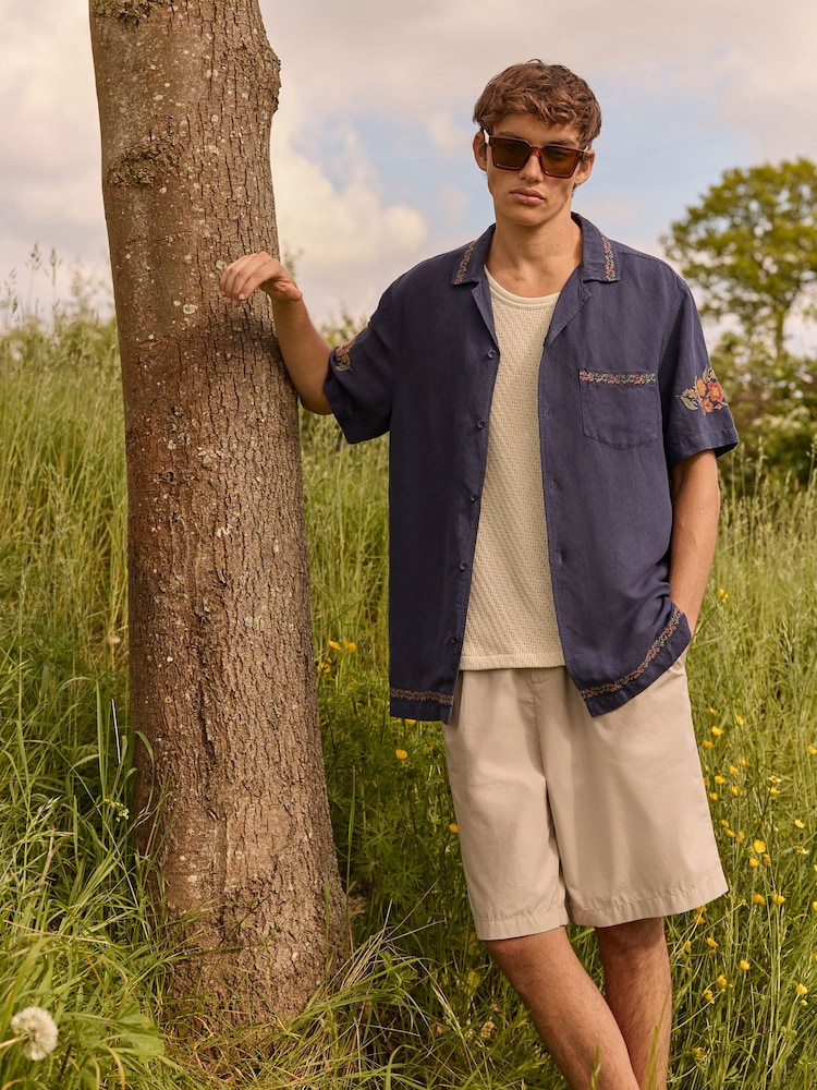 Navy Blue Short Sleeve Floral Embroidered Cotton/Linen Mix Shirt - Image 2 of 7 Navy Blue Short Sleeve Floral Embroidered Cotton/Linen Mix Shirt - Image 2 of 7