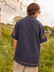 Navy Blue Short Sleeve Floral Embroidered Cotton/Linen Mix Shirt - Image 3 of 7