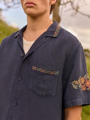 Navy Blue Short Sleeve Floral Embroidered Cotton/Linen Mix Shirt - Image 4 of 7