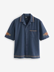 Navy Blue Short Sleeve Floral Embroidered Cotton/Linen Mix Shirt - Image 5 of 7