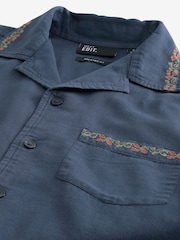 Navy Blue Short Sleeve Floral Embroidered Cotton/Linen Mix Shirt - Image 7 of 7