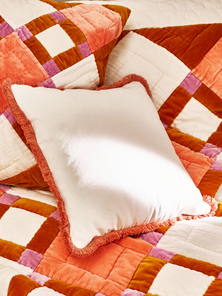 Oliver Bonas Cream 100% Cotton Issey Velvet Fringed Cushion Cover - Image 1 of 5