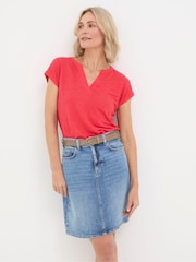 FatFace Red Linen Notch Neck Top - Image 1 of 4