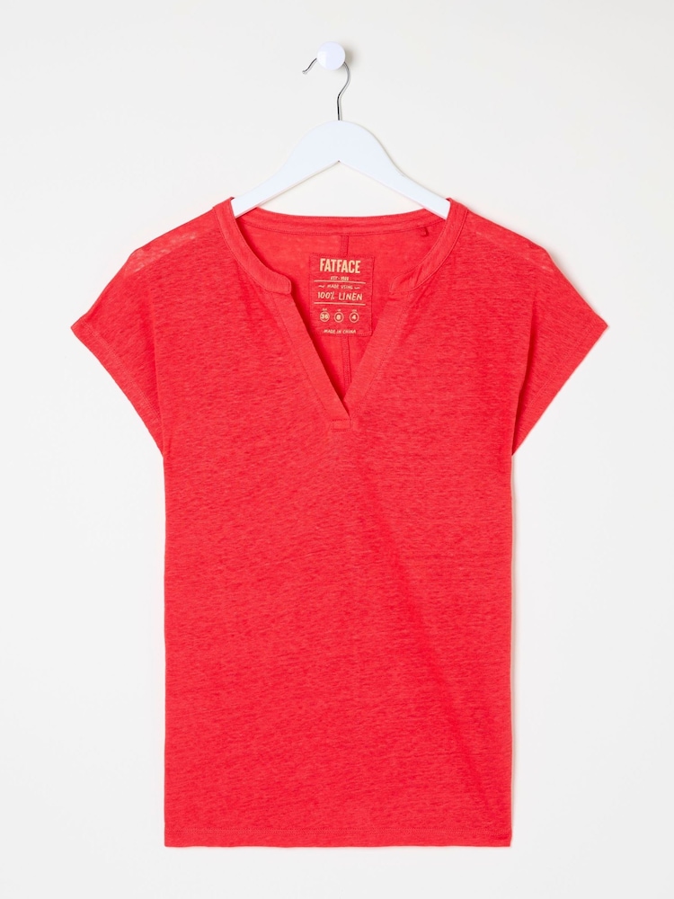 FatFace Red Linen Notch Neck Top - Image 4 of 4