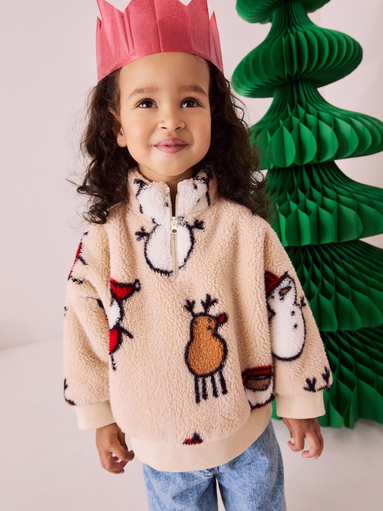 Cream Christmas Borg Fleece Half Zip Top (3mths-7yrs) - Image 1 of 9