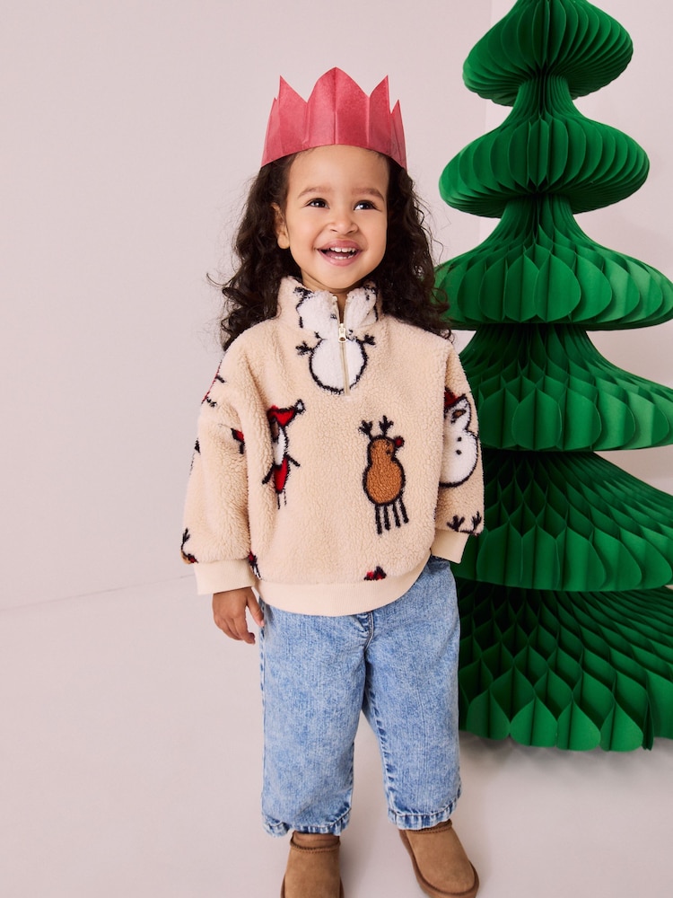 Cream Christmas Borg Fleece Half Zip Top (3mths-7yrs) - Image 2 of 9
