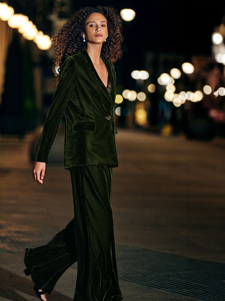 Dark Green Velvet Wide Leg Trousers - Image 1 of 3