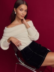 Navy Velvet Flocked Denim Mini Skirt - Image 1 of 8