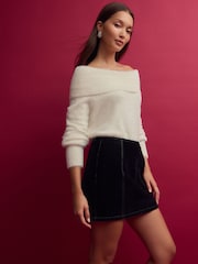 Navy Velvet Flocked Denim Mini Skirt - Image 2 of 8