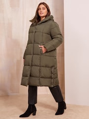 Friends Like These Khaki Green Curve Hood Quilted Padded Coat - Image 2 of 4
