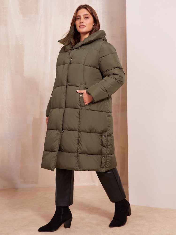 Friends Like These Khaki Green Curve Hood Quilted Padded Coat - Image 2 of 4
