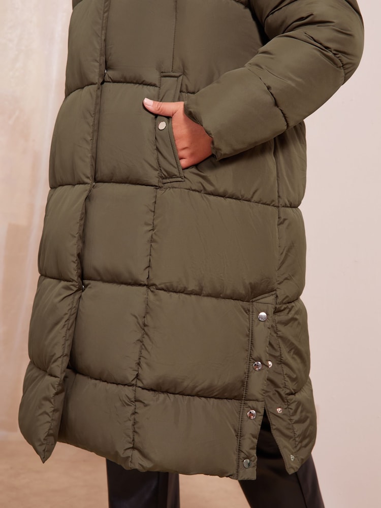 Friends Like These Khaki Green Curve Hood Quilted Padded Coat - Image 4 of 4