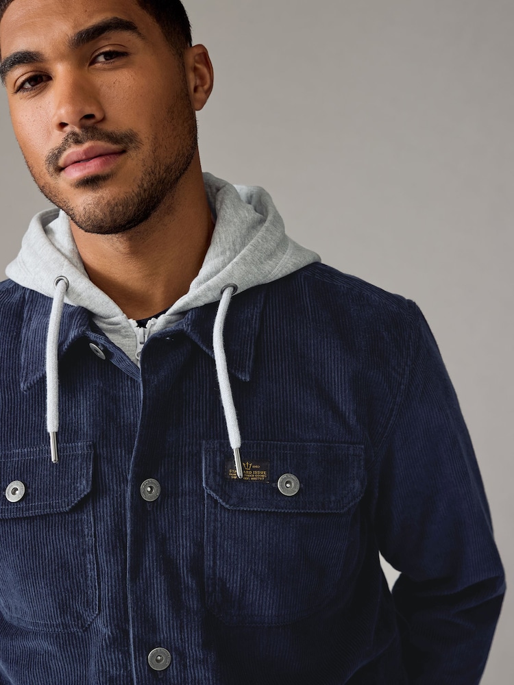 Navy Blue Hooded Corduroy Borg Lined Shacket - Image 1 of 10